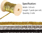 Gold&Silver Set Thin Ribbon 1/8 inch Metallic Braided Double Faced Ribbons Curling Ribbons For Balloon String Crafts Gift Wrapping Party Wedding Christmas Ornaments Decoration 7 Yard x 3 Rolls