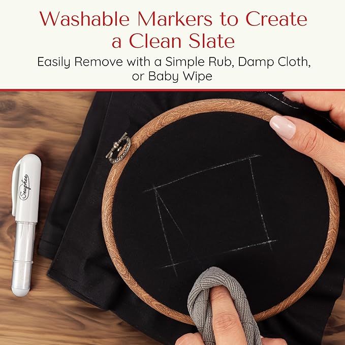 Fabric Markers for Sewing – Ergonomic Tailors Chalk Pen with Improved Dosing Wheel for Sharp Lines - Washable Sewing Chalk Marking Pens that are Compatible with Most Fabrics - White and Pink 2 Pack