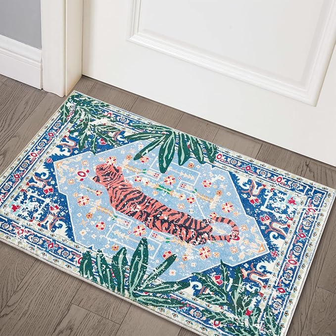 Tropical Rugs, 3x5 Thin Boho Small Area Rugs for Bathroom Kitchen Small Indoor Entryway Rug Modern Vintage Distressed Summer Jungle Plant Accent Carpet Non-Slip Washable