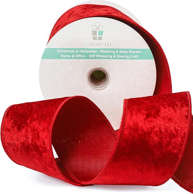 Red Velvet Ribbon 2.5 Inch x 10 Yards for Christmas Tree Topper Home Decoration Wreath Gift Wrapping DIY Craft