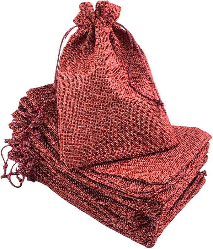 Palmhomee Pack of 25 Burlap Gift Bags with Drawstring Linen Jewelry Pouches Wedding Hessian Jute Bags for Birthday and Treat Pouches Party Wedding Favors Gift (5x7 Inch, Burgundy)