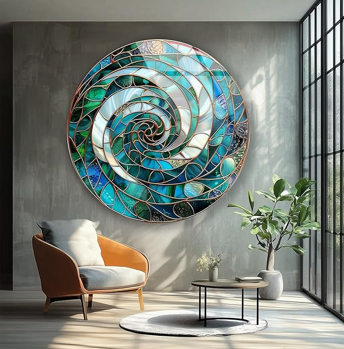 My Photostation.com 15.8''(40cm) Diameter Aqua Spiral Harmony Round Glass Wall Art Tempered Glass Printing Wall Decor Large Wall Art Wall Hangings