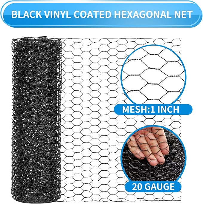 48'' x 150' Black Chicken Wire Mesh Fence, 20 Gauge Galvanized Poultry Netting and 1 inch Garden Mesh Fence Roll, Chicken Wire for Floral Arrangements/Crafts/Farm/Livestock/Pet Protection