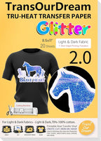 TransOurDream Glitter 2.0 Heat Transfer Paper for Inkjet Printer (20 Sheets, 8.5x11'') Printable Heat Transfer Vinyl for T Shirts Iron on Transfers for Light & Dark Fabrics(TOD-GL2-20)