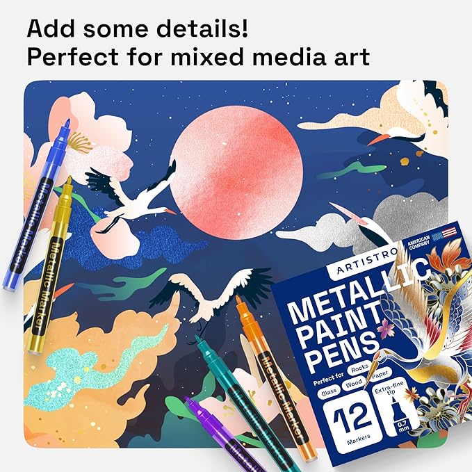 ARTISTRO 12 Metallic Paint Pens for Glass, Rock Painting, Ceramic, Wood, Fabric, Pebbles, Scrapbook Journals, Photo Albums, Card Stocks - Acrylic Paint Markers Extra-Fine Tip 0.7mm