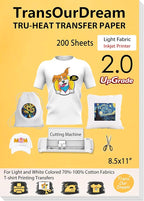 TransOurDream Heat Iron on Transfer Paper for Light T Shirts (200 Sheets, 8.5x11", 2.0) Printable HTV Heat Transfers Vinyl for Inkjet Printer, Iron on Transfers for Light Fabric