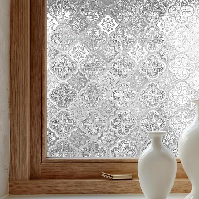 Window Privacy Film Decorative for Front Door, Bathroom Static Cling Stained Glass Sticker Opaque Heat Control UV Blocking Non-Adhesive for Home Windows 17.5 X 118.1 inches