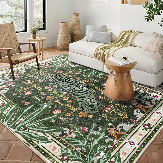 Oriental Tropical Washable Rugs, Greyish Green Boho Vintage Hippie 5x7 Area Rugs for Living Room Bedroom Kitchen Entryway Dorm, Abstract Botanical Animal Tribal Indian Accent Carpet