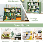 KOTEK Toy Storage Organizer, 5 Cubby Kids Bookshelf, Wooden 3-Tier Bookcase Storage Cabinet, Open Display Book Shelf for Daycare, Nursery, School Classroom, Living Room (Green, 8 Cubes)