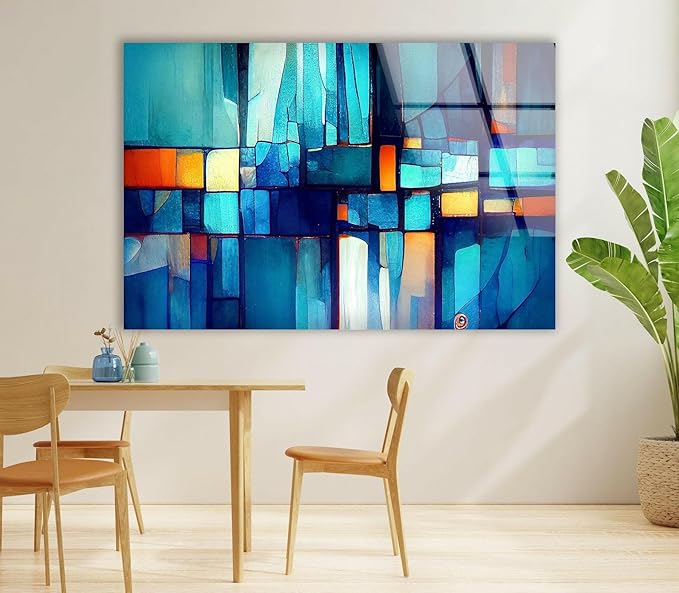 My Photostation.com 60WX40H'' Blue Vibrant Stained Glass Wall ArtTempered Glass Printing Wall Decor Large Wall Art Wall Hangings