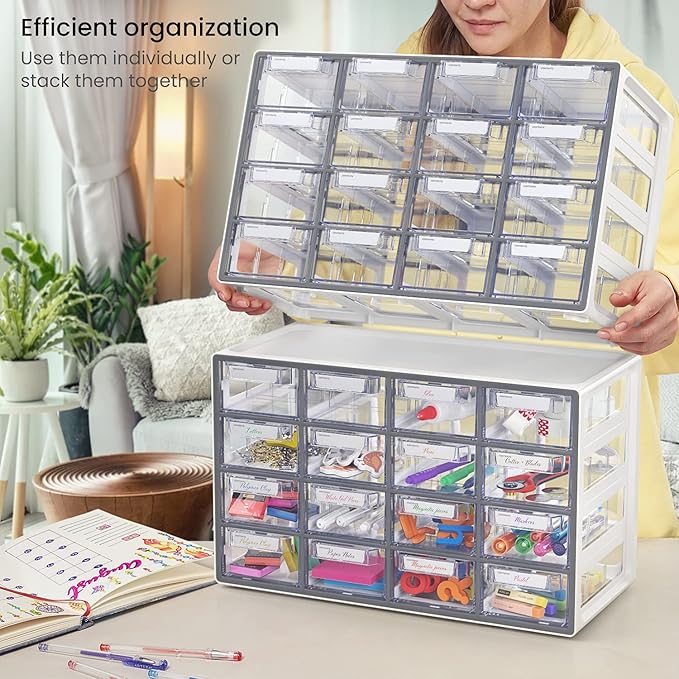 ARTEZA 16 Drawer Storage Cabinet, 17.7 x 8.2 x 10.9 inches, White, Plastic Drawers? with Stoppers, ?Multi Compartment Organizer for Makeup and Art Supplies