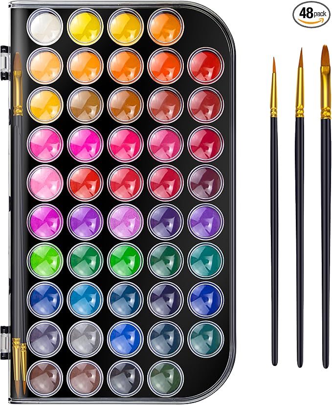 Caliart Watercolor Paint Set, 48 Colors with 3 Brushes, Mini Travel Watercolors Painting Kit Gifts for Adults Artists Painters Beginners Art Supplies