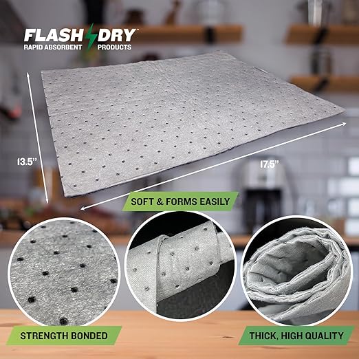 FlashDry - Universal Spill Absorbent Pads | 17.5” x 13.5” x 2mm Oil and All Purpose Premium Liquid Pads Packed in a Convenient Sturdy Dispensing Box - 300 Pads in Total