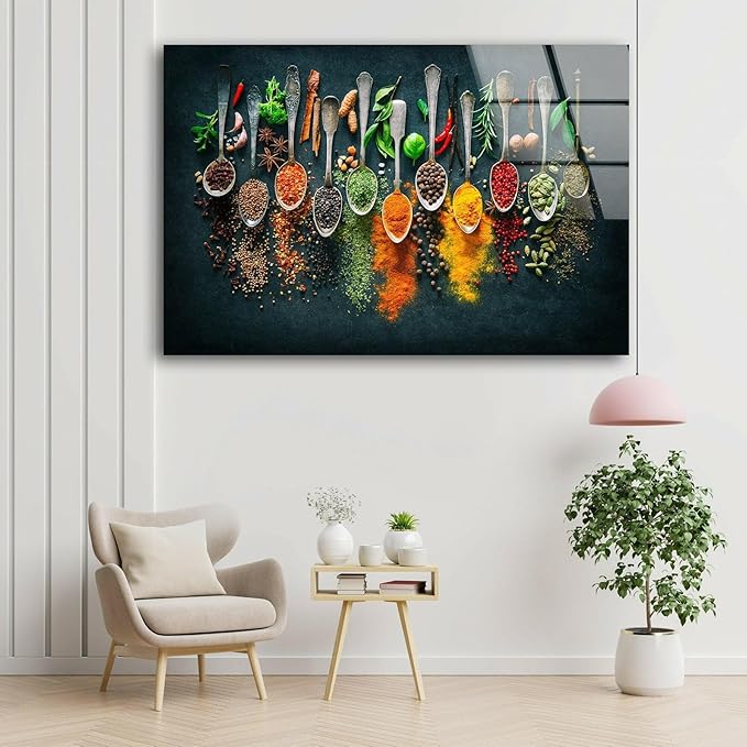 My Photostation.com 48Wx32H'' Spoon Spices Glass Wall ArtTempered Glass Printing Wall Decor Large Wall Art Wall Hangings