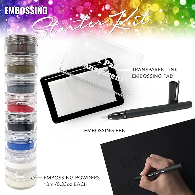 Embossing Kit with Heat Tool Bundle, Embossing Powders, Complete Embossing Starter Kit, Clear Embossing Pen, Embossing Ink Pad, 8X 10ml Embossing Powders for Crafts