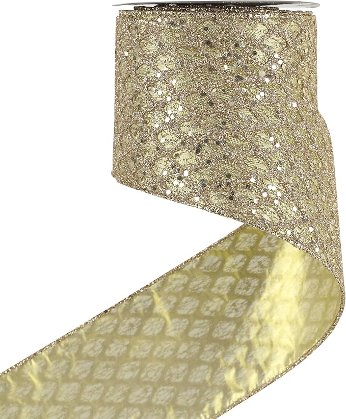 HUIHUANG Champagne Gold Christmas Ribbon 4 inch Glitter Wired Ribbon Diamond Mesh Wire Ribbon for X-mas Tree Decorations, Wreaths, Garland, Large Bows Making, Wedding Decor -10 Yards