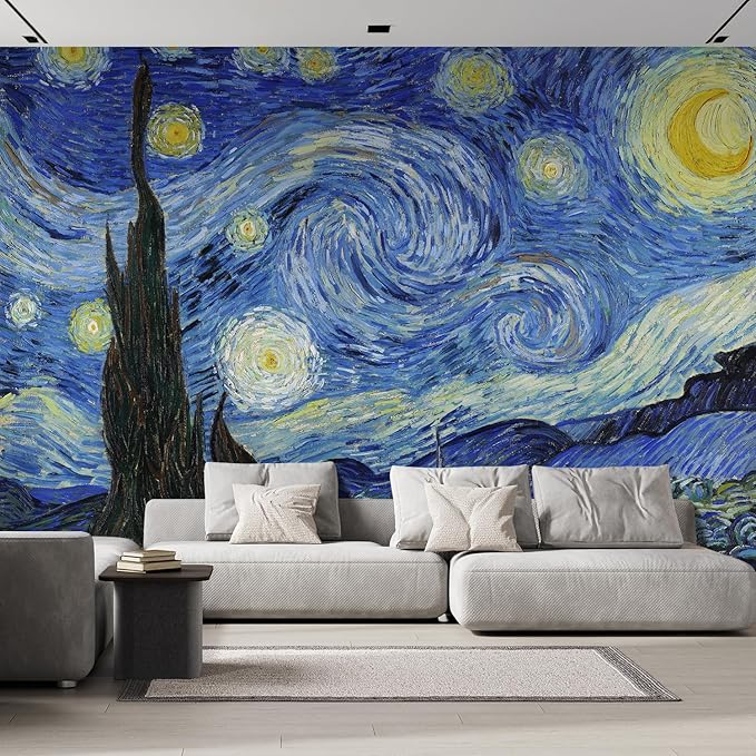 wall26 Wall Sticker/Wall Mural Starry Night by Vincent Van Gogh Dutch Impressionism, Not Peel and Stick, Non-Woven Wallpaper Decorative for Bedroom, Living Room,Office - 132x120 inches