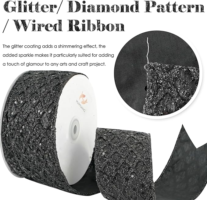 HUIHUANG Glitter Black Wired Ribbon for Christmas Tree 2.5 inch Black Diamond Mesh Wire Ribbon for Tree Decoration, Wreaths, Garland, Gift Wrapping, Bows Making, Halloween Decor -10 Yards