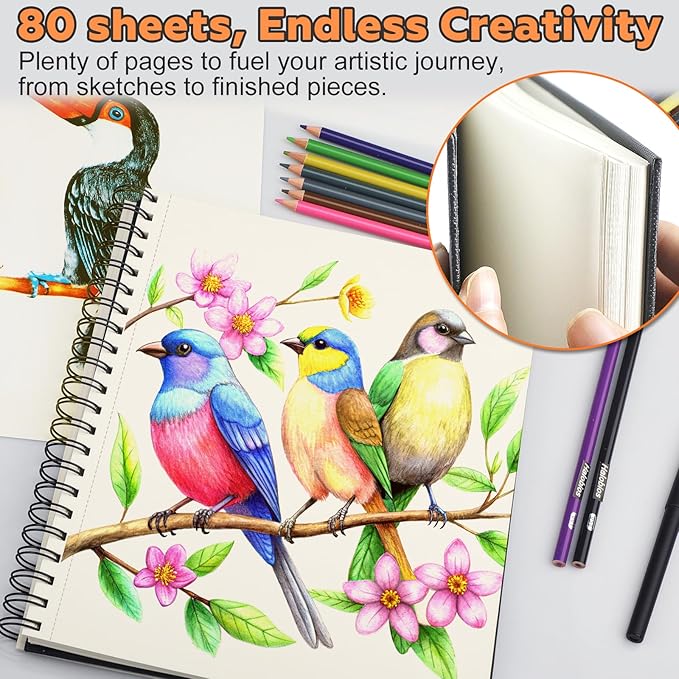 Sketch Book 9" x 11"，2 Pack 80-Sheets (68lb/100gsm)，Double-Sided Hardbound Sketchbook, Spiral Bound,Acid Free Painting Art Paper for Kids and Adults