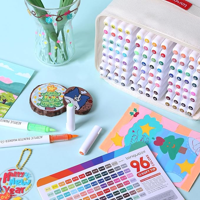 96 Colors Acrylic Paint Markers, Soft Brush Tip Marker Pens Set with Marker Bag, Acrylic Paint Pens for Fabric, Wood, Stone, Canvas, Glass, Egg, Rock Painting, DIY Crafts and Art Supplies
