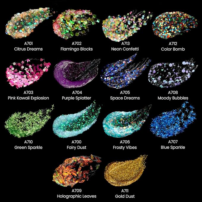 ARTEZA Glitter Acrylic Paint, 14 Iridescent Colors, 2 fl oz Bottles, Transparent Base, Iridescent Paint with Chunky Glitter, Art Supplies for Adding Accents to Canvas, Paper, Wood, and Glass
