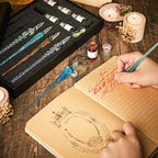 Zonon Glass Dipped Pen Ink Set 14 Pcs Include 6 Pcs Glass Dip Pen, 6 Colorful India Ink and 2 Holder Crystal Signature Calligraphy for Art, Writing, Signatures, Gift(Green Color System)