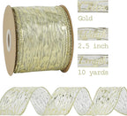 MEEDEE Gold Wired Ribbon - 2.5 Inch Sheer Organza With Horizontal Stripes and Polka Dots - 25 Yards for Gift Wrapping, Garland