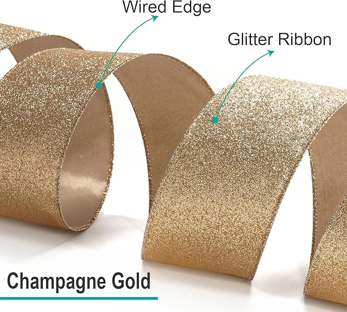 CT CRAFT LLC Glitter Wired Ribbon 2.5" x 20 Yards Gold (Champagne Gold) for Christmas Home Decor Bow Gift Wrapping DIY Crafts Wreath