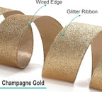 CT CRAFT LLC Glitter Wired Ribbon 1.5" x 10 Yards Gold (Champagne Gold) for Christmas Home Decor Bow Gift Wrapping DIY Crafts Wreath