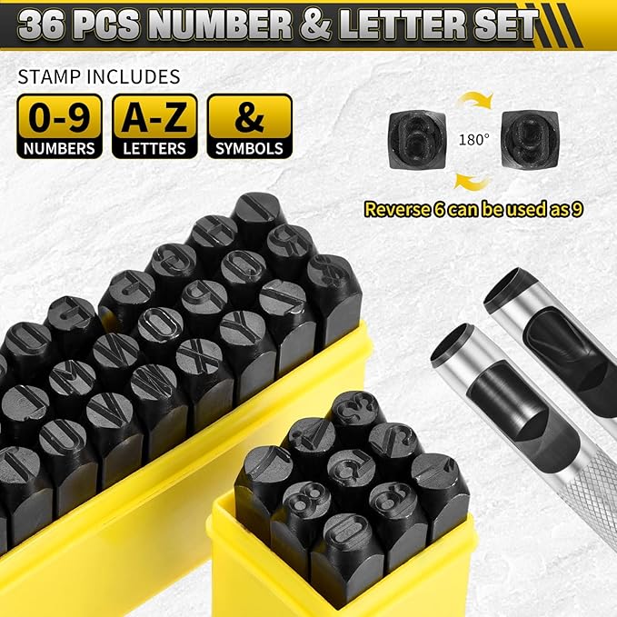 WorkBless 36PCS Metal Stamping Kit, 25/64" (10mm) Steel Number and Letter Punch Set, Include A-Z Alphabet, Number 0-8, & Symbol, Stamping Tool for Imprinting Plastic, Wood, Leather, Jewelry