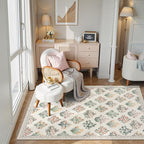 Wonnitar Nursery Rug for Baby Girl, Washable Moroccan Floral 5x7 Rug, Ultra-Thin Non Slip Neutral Flower Print Carpet for Living Room Kids Room Dorm Home Decor, Cream Beige