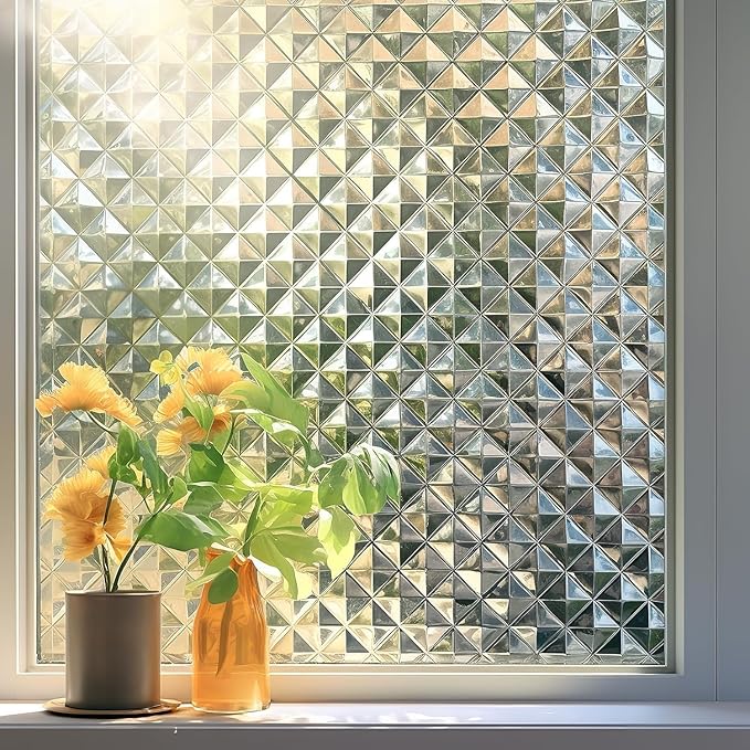Qualsen Window Privacy Film, Stained Glass Window Film Heat Control UV, Frosted Rainbow Bathroom Decorative Film 3D Static Clings, Peel and Stick Window Tint for Home,35.4x78.7inch