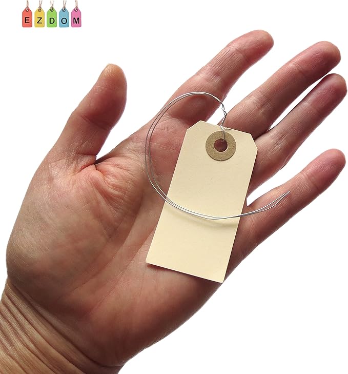 String Tags with Wire Attached- #1, 2 3/4” x 1 3/8”, Box of 500 Blank Shipping Tags with Wire and Reinforced Hole, Wired Labeling Tags