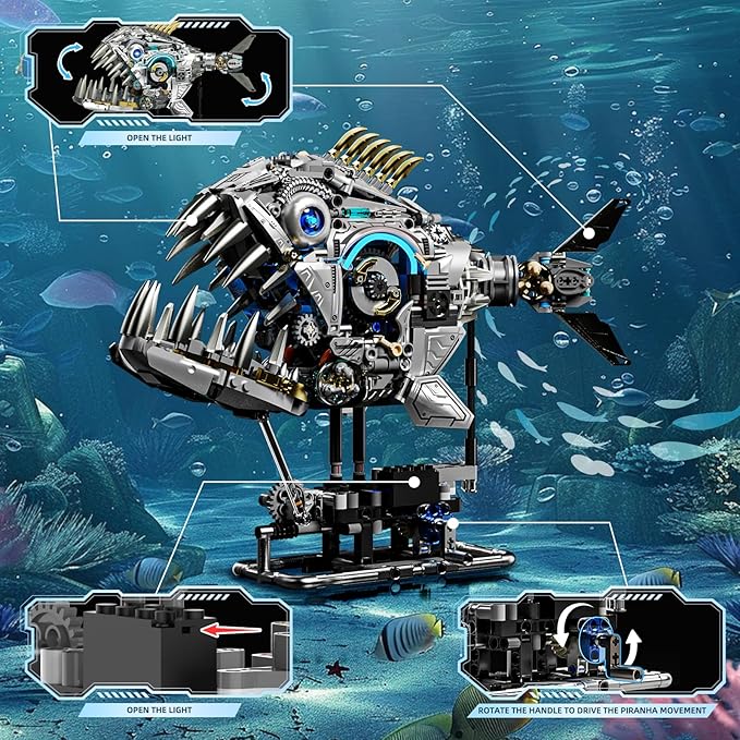 Mechanical Piranha Building Sets, Ocean Animal Collection Toy, Multi-Jointed Movement with Ice Blue Accents, Adults Home or Office Decor, STEM Building Gift for Teens Boys and Girls 12+（1085 PCS)