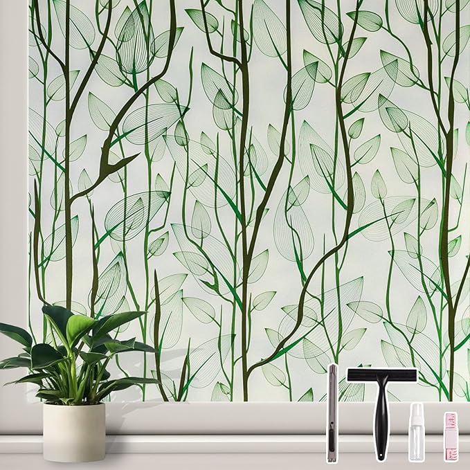 Donox Frosted Glass Window Film Heat Control UV Blocking, Static Cling Reusable Home Bathroom Door Window Privacy Film, Green Leaf Pattern Window Covering with Installation Tool, 17.5 in x 6.5 feet