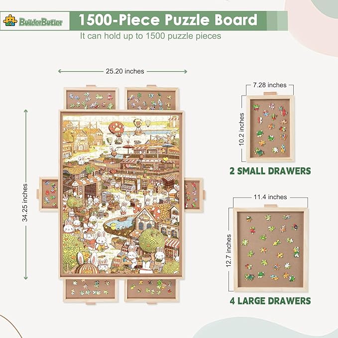 1500 Pieces Rotating Puzzle Board with 6 Drawers,34.25"x25.2" Portable Wooden Jigsaw Puzzle Table with Lazy Susan Spinning Cover