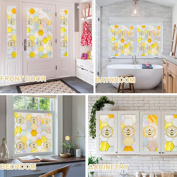 3D Stained Glass Window Privacy Film, Heat Control UV Blocking Static Cling Decorative Window Film for Bathroom,Front Door,Home Non Adhesive, Honey 16.9 x 39.3 inches