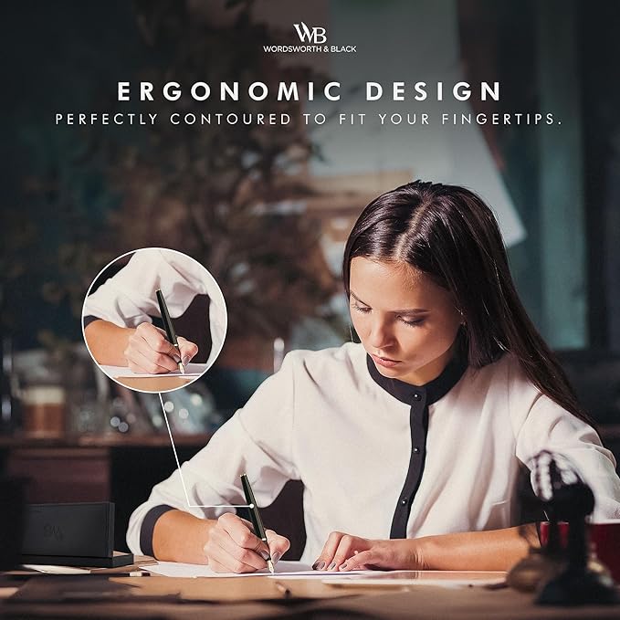 Wordsworth & Black Fountain Pen Set, 18K Gilded Bent Nib, Includes 24 Pack Ink Cartridges, Ink Refill Converter & Gift Box, Gold Finish, Calligraphy, [Silver Gold], Perfect for Men & Women