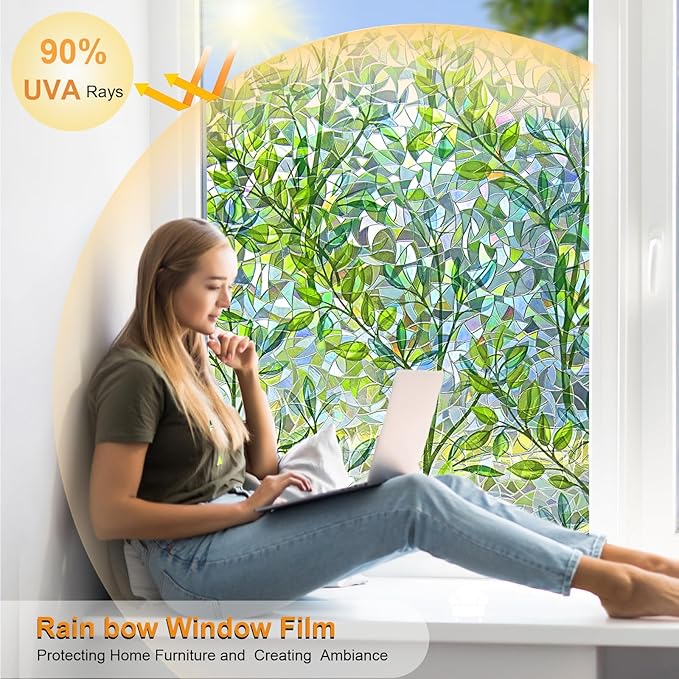 Window Privacy Film Stain Glass Window Film Rainbow Window Film Window clings Non-Adhesive Reusable Decorative for Room (Leaf Rainbow, 23.6 x 78.7 in)