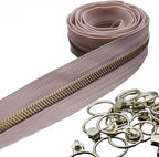 Leekayer #5 Gold Metallic Nylon Coil Zippers by The Yard Bulk 10 Yards Beige Zipper Tape with 25pcs Gold Ring Pull Sliders for DIY Sewing Tailor Craft Bag(Beige)