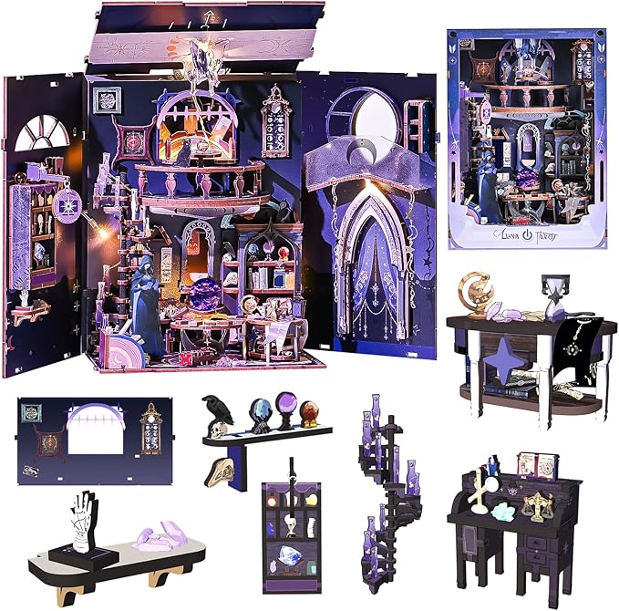 DIY Booknook Kit,3D Wooden Puzzle Miniature Book Nook Kit Insert Decor with LED Light and Dust Cover for Adults and Teens，Gifts for Family, Friends（Luna Tarot）