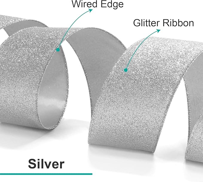 CT CRAFT LLC Glitter Wired Ribbon 6" x 10 Yards Silver for Christmas Home Decor Bow Gift Wrapping DIY Crafts Wreath