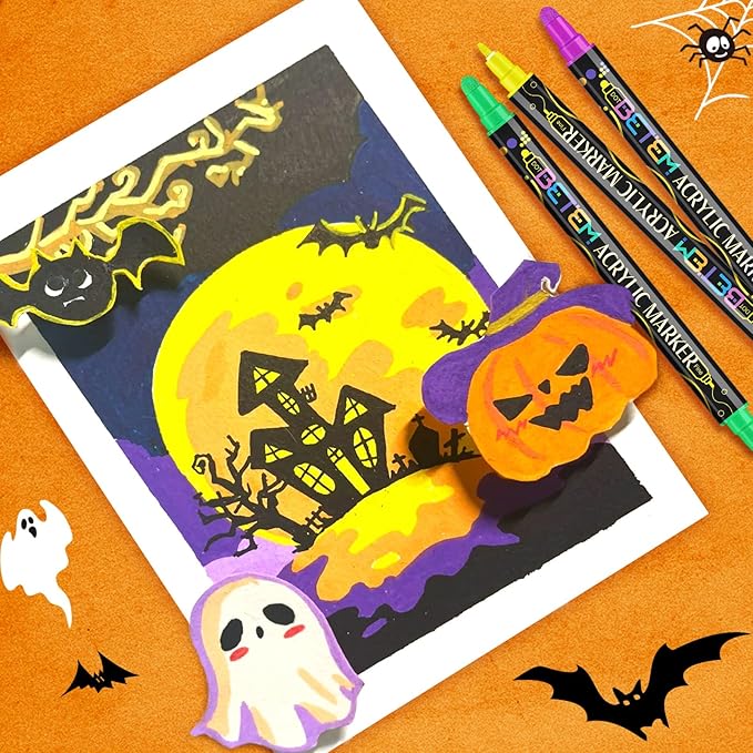 Betem 24 Colors Dual Tip Acrylic Paint Pens Markers, Premium Acrylic Paint Pens for Halloween Decorations, Wood, Canvas, Stone, Rock Painting, Glass, Ceramic Surfaces, Pumpkin Painting Kit DIY Crafts