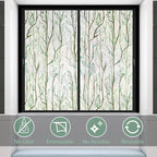 Donox Frosted Glass Window Film Heat Control UV Blocking, Static Cling Reusable Home Bathroom Door Window Privacy Film, Green Leaf Pattern Window Covering with Installation Tool, 35.4 in x 6.5 feet
