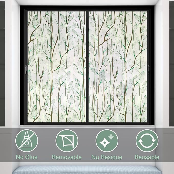 Donox Frosted Glass Window Film Heat Control UV Blocking, Static Cling Reusable Home Bathroom Door Window Privacy Film, Green Leaf Pattern Window Covering with Installation Tool, 35.4 in x 6.5 feet
