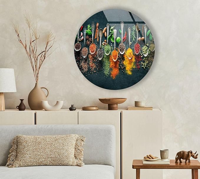 My Photostation.com 10''(25cm) Diameter Colorful Herbs Round Glass Wall Art Tempered Glass Printing Wall Decor Large Wall Art Wall Hangings