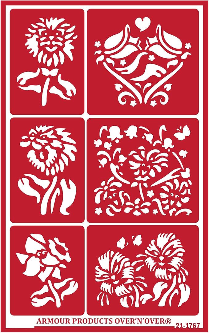 Over'N'Over Reusable Glass Etching Stencils – Durable Self-Stick Designs for Glass, Mirrors, and Ceramics with Armour Etch Cream – 5” x 8” Stencil Sheet - Fun Flowers