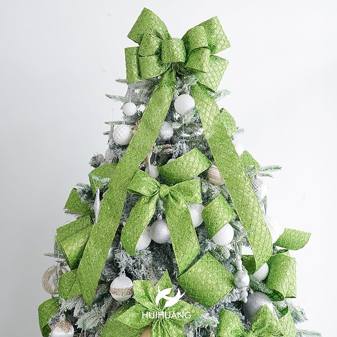 HUIHUANG Lime Green Glitter Wired Ribbon - 4 inch x 10 Yards (30 Feet) - Polyester Material - Perfect for Christmas, Halloween & More - Geometric Pattern - Wired Edges for Easy Shaping