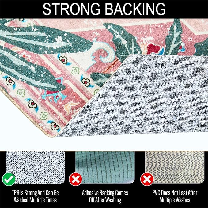 Washable Pink Rugs Boho Vintage Tropical Jungle 5x7 Area Rugs Jungle Oriental Carpet for Bedroom Kitchen Dining Living Room Office Distressed Indoor Cute Nursery Rug