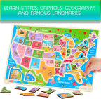 Montessori Mama USA Map Wooden Puzzle, Puzzles for Kids Ages 4-6 Educational Toys for 4 Year Old Kids Puzzles Ages 5-8 Landmarks, Animals, Capitols and States